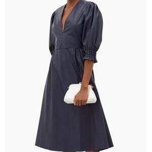 MSGM Shirr-Cuff V-neck Puff Sleeve Faux-Leather Midi Dress Navy Made in Italy XS